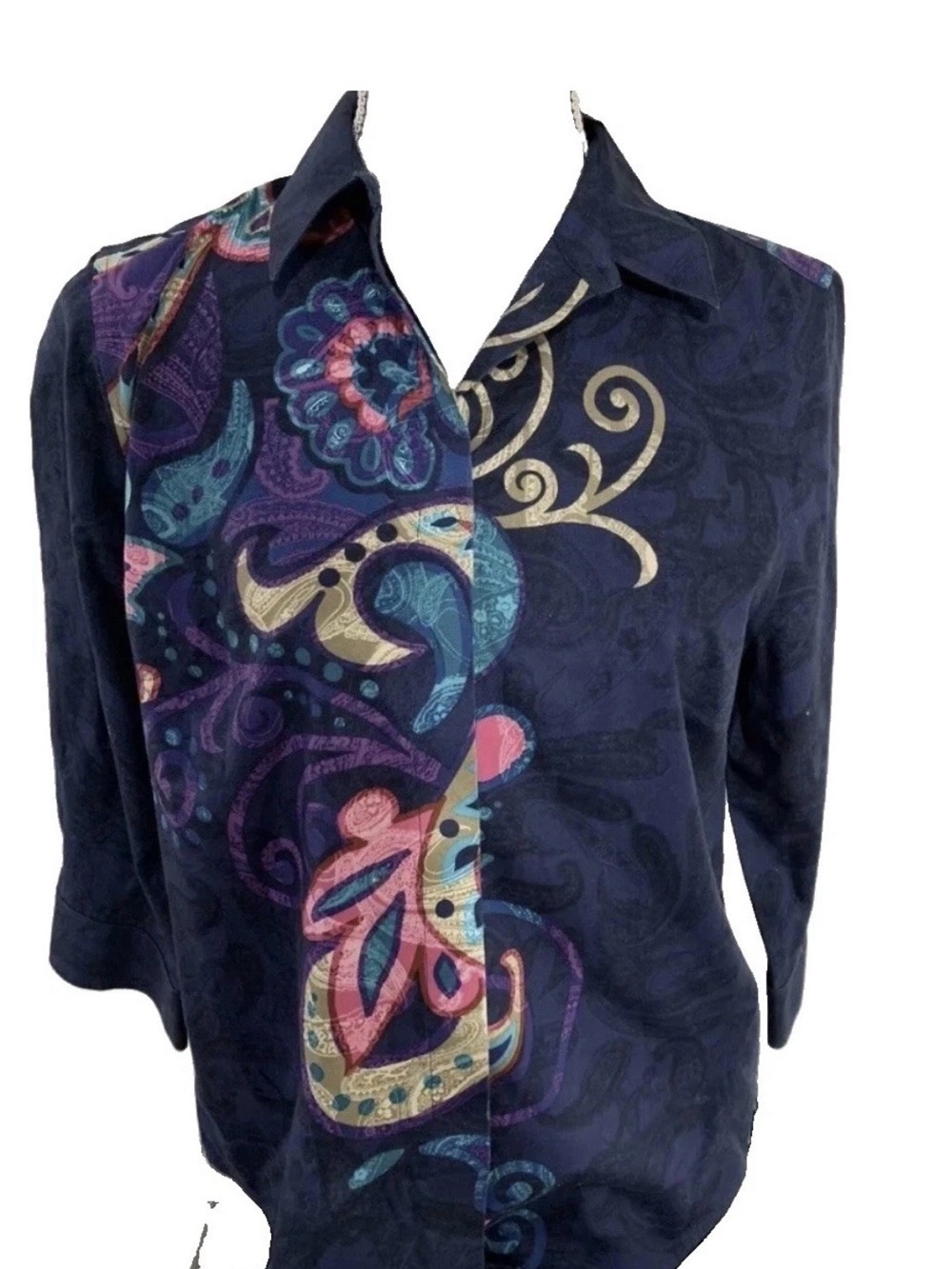 Chico’s Navy Paisley Patterned Button-Down Top Blouse Multi-Color Sz 0 (4/6/Sm)
